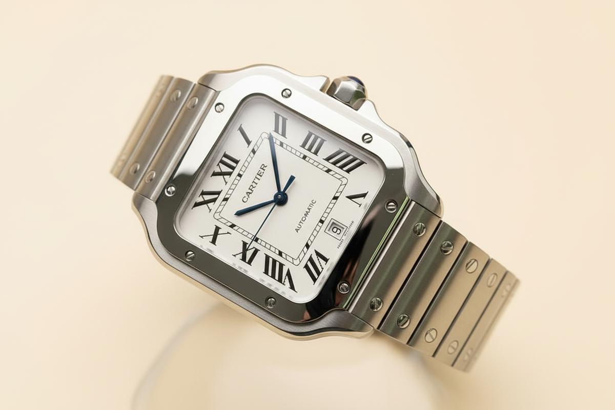 Cartier Santos acero blanco fondo crema v2