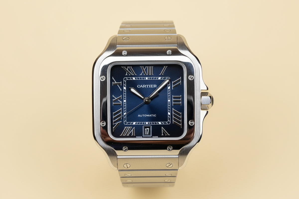Cartier Santos azul fondo crema