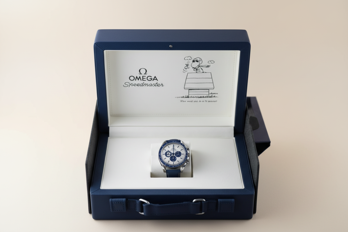 Omega Speedmaster Snoopy caja fondo crema